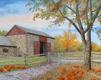 Pumpkin Painting - Fall Barn Painting - Country Art - Landscape Print - Fall Leaves Painting - Fall Painting - Matted Print