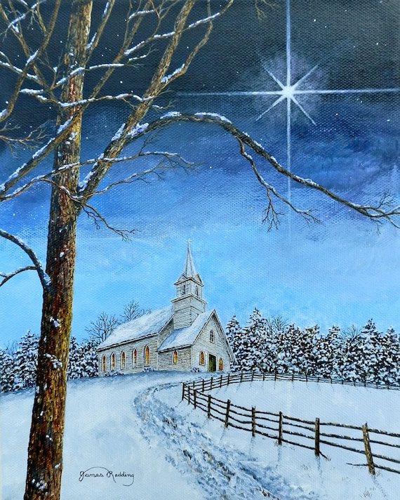 Night Sky Painting Christmas Painting White Church Painting Snow Landscape  Winter Print Snow Scene Star Print Matted Print 