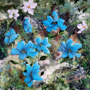 Blue Flowers - Original Artwork - Colorful Floral - Blossom Painting - Floral Wall Art - Blue Green Painting - Canvas Art - Nature Art