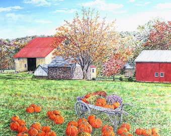 Pumpkin Art - Fall Landscape - Pumpkin Painting - Barn Painting - Colorful Landscape - Autumn Art - Nature Print - Matted Print