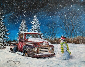 Snowman Artwork - Winter Landscape - Small Original Art - Holiday Painting - Whimsical Art - Winter Night Sky - Fine Art Original