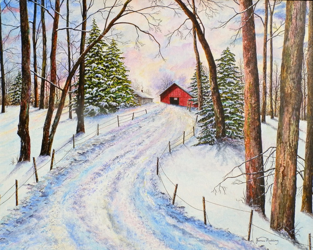 Winter Landscape Snow Painting Red Barn Painting Snow Scene Landscape  Painting Nature Art Print Trees Painting Matted Print 