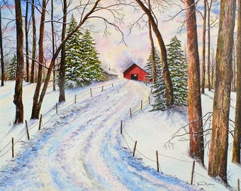 Winter Landscape - Snow Painting - Red Barn Painting - Snow Scene - Landscape Painting - Nature Art Print - Trees Painting - Matted Print