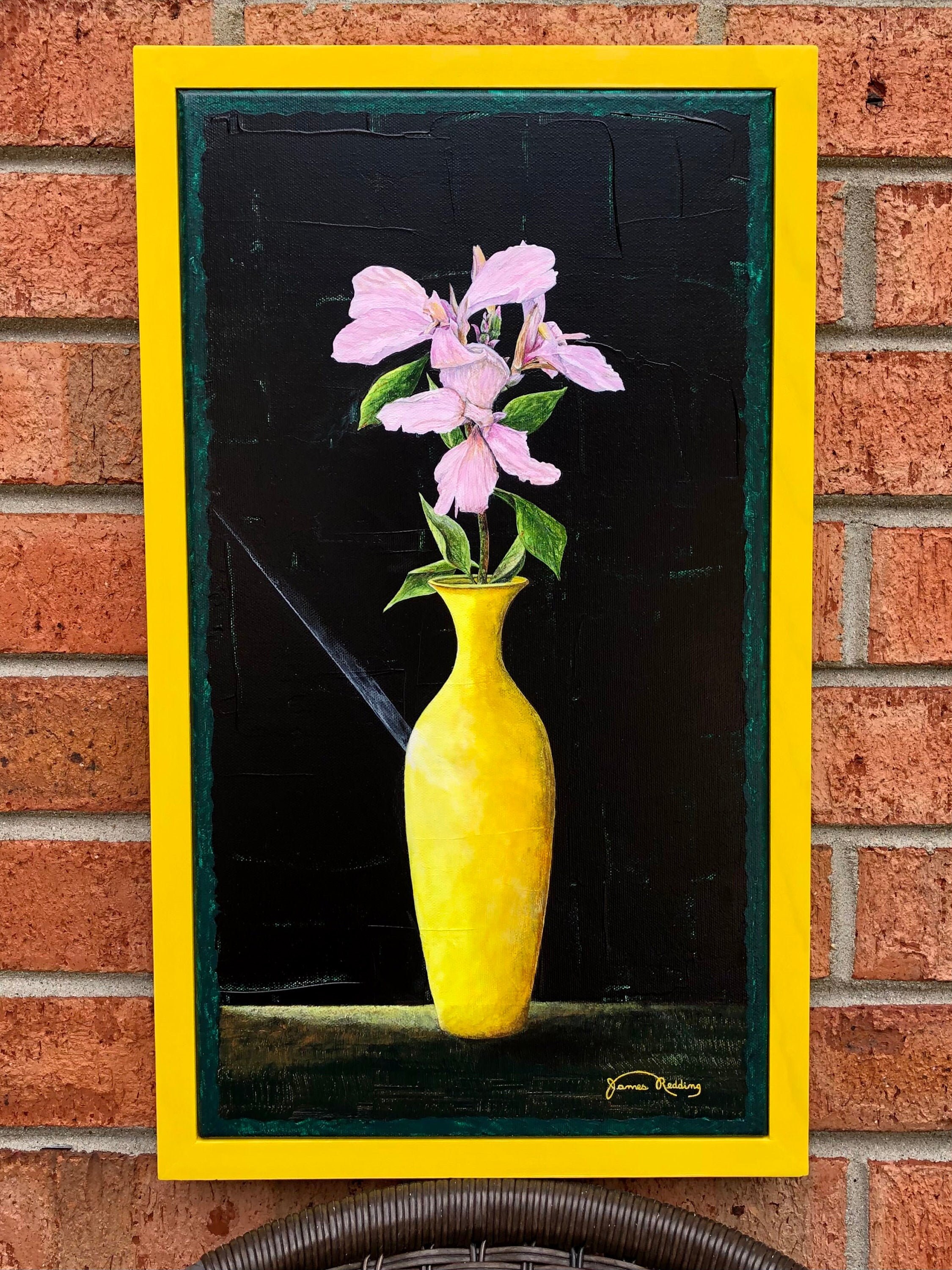 Floral Painting Flowers in Vase Original Framed Art Pink Flowers Yellow