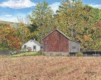 Rural Painting - Barn Painting - Fall Art Print - Rustic Painting - Farm Artwork - Autumn Landscape - Country Painting - Matted Print