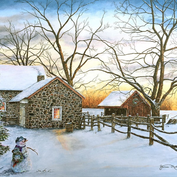 Winter Painting - Snowman Painting - Christmas Painting - Snow Scene - Country Art - Stone House Painting - Barn Painting - Matted Print