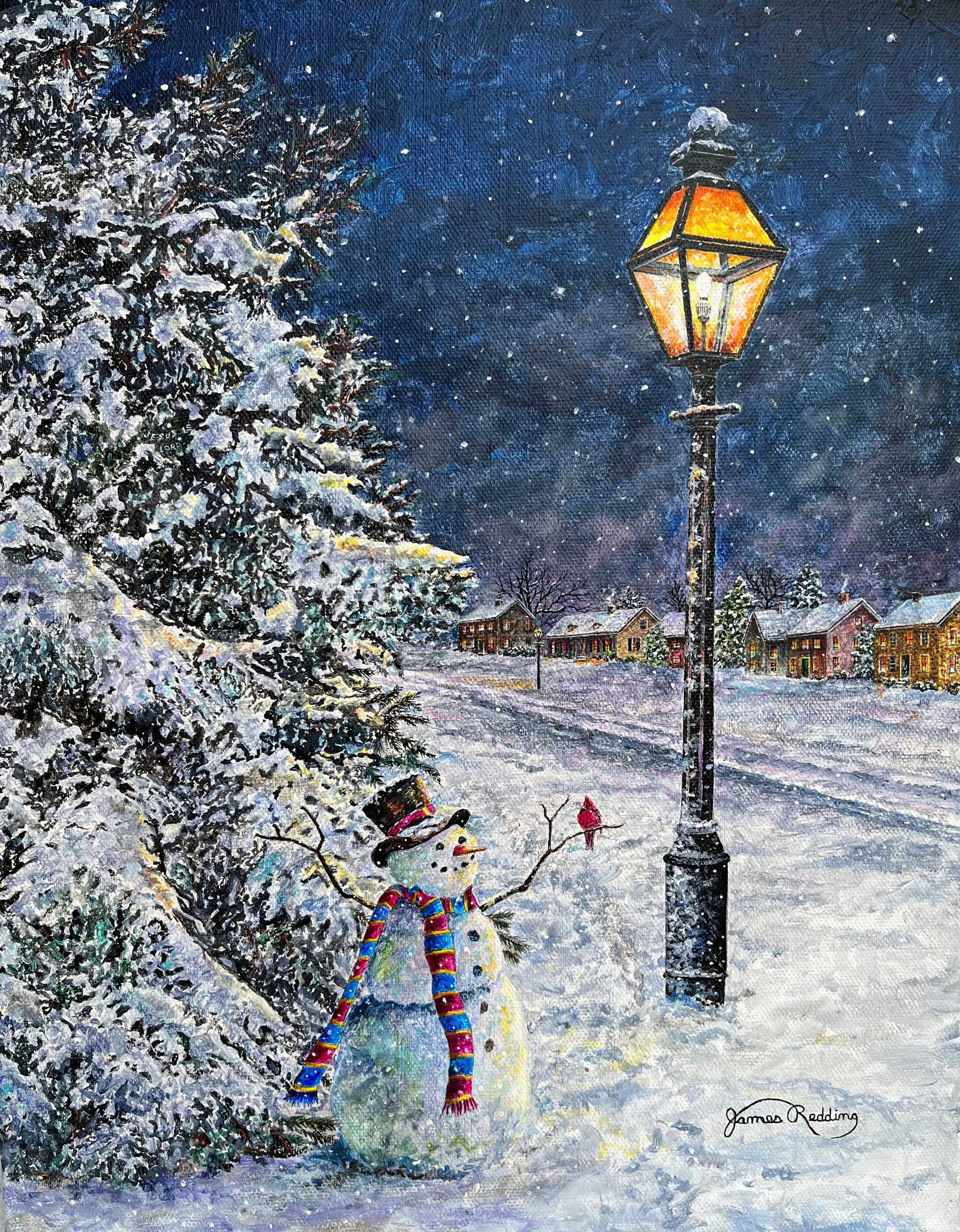 Snowman Painting - Evergreen Tree Print - Snowy Painting - Winter