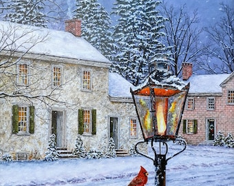 Evening Painting - Winter Landscape - Snow Scene - Christmas Painting - Cardinal Painting - Winter Art - Country Art - Matted Print