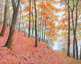 Autumn Painting - Fall Landscape - Trees Painting - Nature Art - Warm Painting - Forest Painting - Fall Artwork - Matted Print