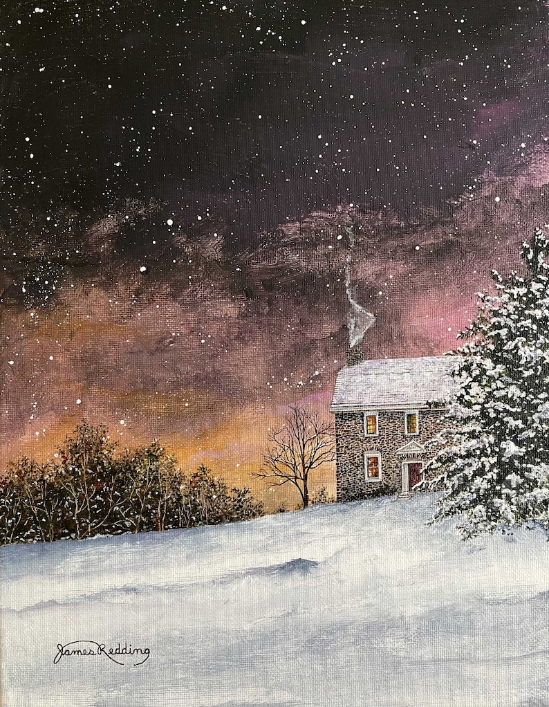May include: A painting of a snow-covered landscape with a stone house and a pine tree in the foreground. The sky is a deep purple with white stars and a faint pink glow. The house has a red door and two lit windows. The artist's signature, "James Redding", is in the bottom left corner.