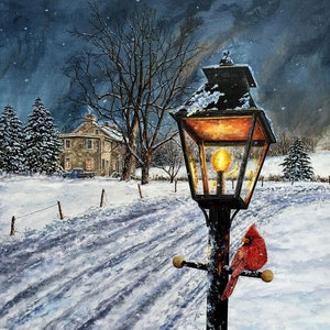 Night Painting - Winter Landscape - Cardinal Painting - Snow Scene - Evening Painting - Street Scene - Fine Art Print - Matted Print image 1