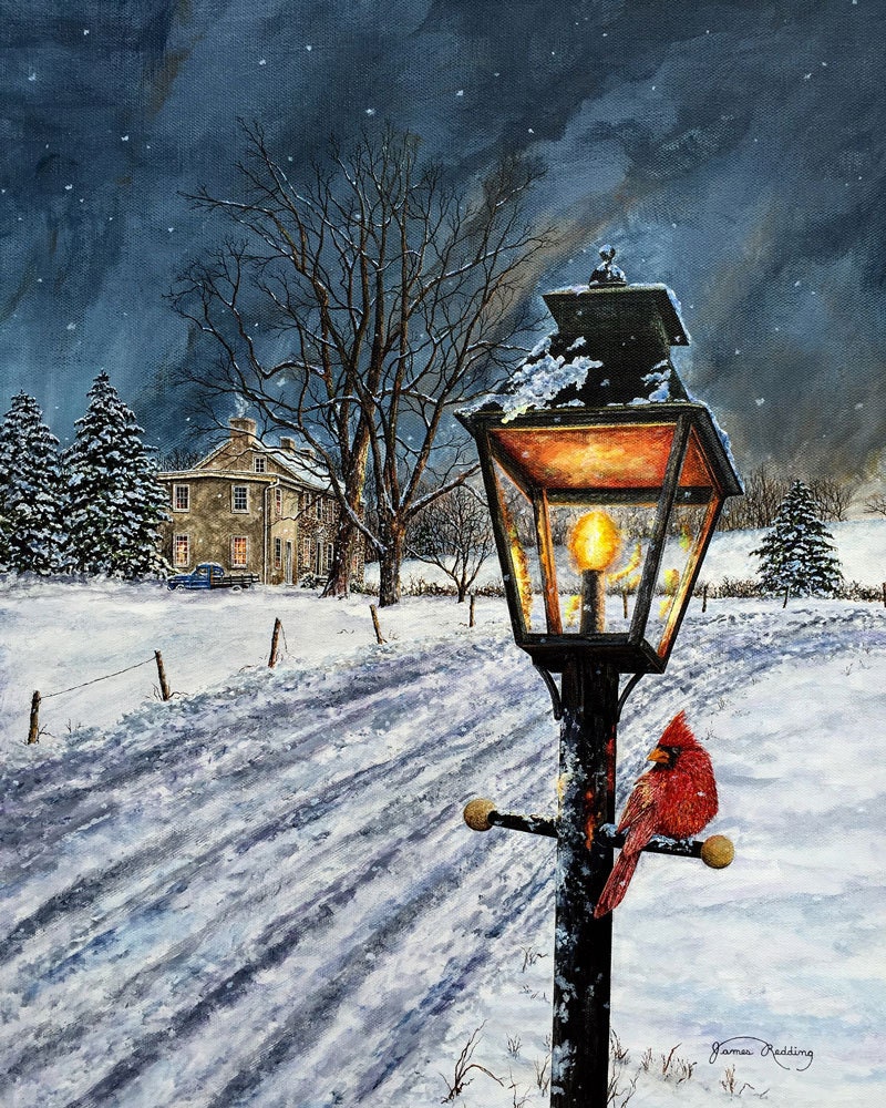 Night Painting - Winter Landscape - Cardinal Painting - Snow Scene