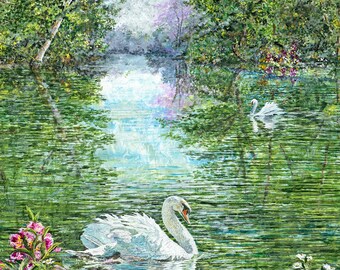 Swan Print - Reflection Print - Spring Landscape - Lake Painting - Nature Art Print - Swan Wall Art - Bird Art Print - Matted Print