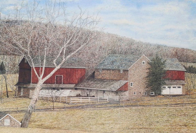 May include: A watercolor painting of a red barn and a stone barn with a white fence in front of them. A bare tree with white bark stands in the foreground. The barns are set against a backdrop of a rolling green hill.