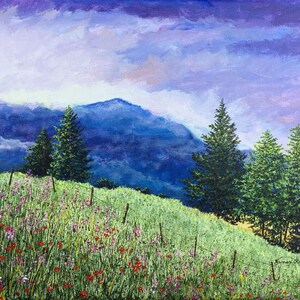 May include: A painting depicting a mountainous landscape with a field of wildflowers in the foreground. The sky is a vibrant purple with white clouds. There are several tall evergreen trees in the middle ground. The mountain is a deep blue colour.