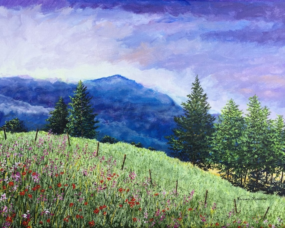 Mountain Painting - Nature Art - Mountain Landscape - Outdoor Art - Country Art - Hill Painting - Blue Purple Art - Matted Print