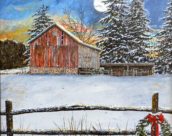 Country Art - Snow Painting - Evening Painting -  Moon Print - Winter Landscape - Barn Painting - Christmas Painting - Matted Print