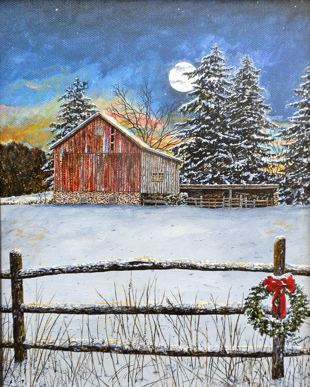 Country Art Snow Painting Christmas Wreath Moon Print | Etsy