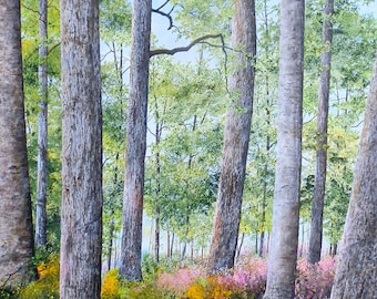 Forest Art - Meadow Painting - Landscape Print - Tree Painting - Nature Art - Fantasy Art Print - Small Artwork - Matted Print
