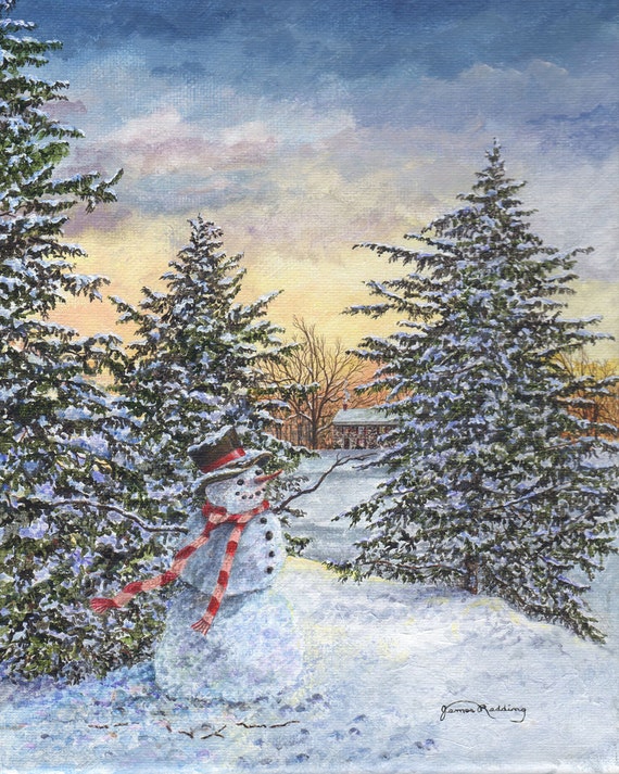 Snowman Painting Christmas Painting Holiday Painting Winter Landscape Snow  Scene Snowman Decor Matted Print 