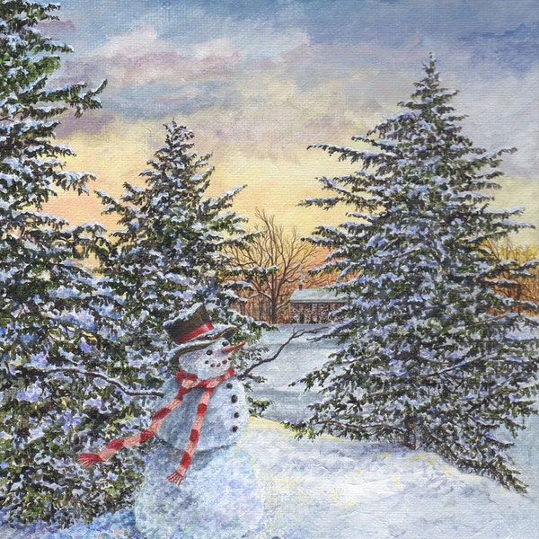 Snowman Painting - Christmas Painting - Holiday Painting - Winter Landscape - Snow Scene - Snowman Decor - Matted Print