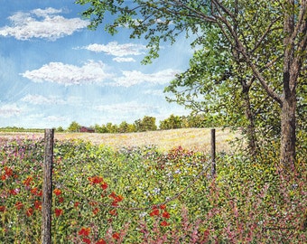 Country Painting - Meadow Painting - Nature Art - Landscape Painting - Countryside - Summer Landscape - Americana Art - Matted Print