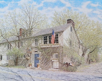 Americana Art - Fine Art Lithograph - Rustic Art Print - American Flag - Country Art Print - Street Scene - Realistic Painting