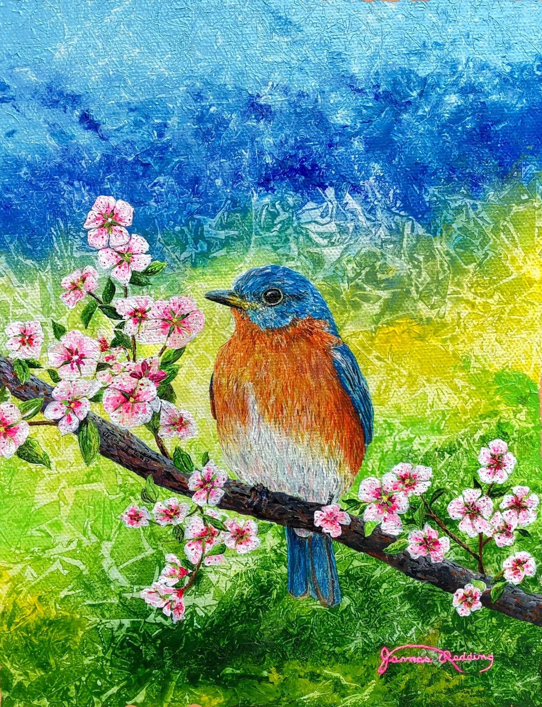 Bluebird Print - Cherry Blossom Print - Bird and Flower - Colorful Bird ...