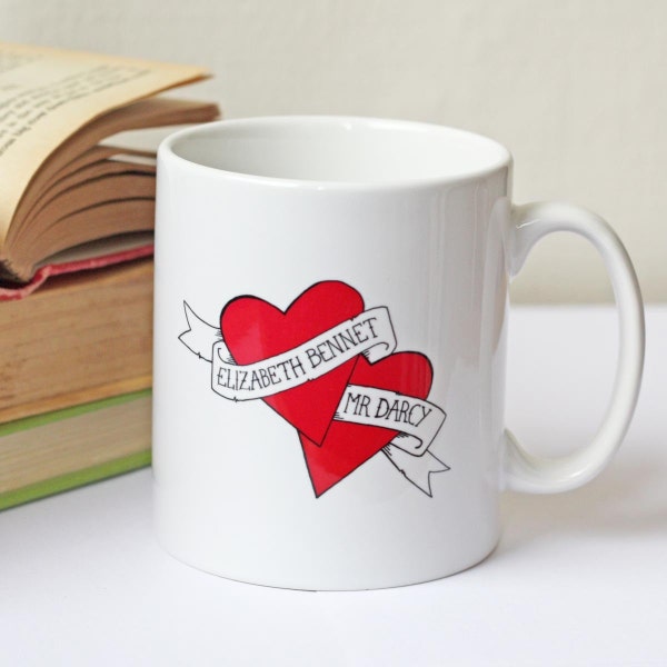 Mug - Jane Austen - Elizabeth Bennet Hearts Mr Darcy - Lizzy - Pride and Prejudice - Book Lover Gift - Tattoo Vintage Style