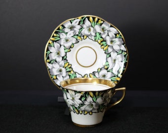 Rosina China Tea cup and Saucer - White Lilly Floral Black White Gold Trim