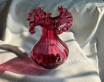 Beautiful Vintage Fenton Cranberry Vase Ribbed Ruffled - Handblown - Unpolished Pontil