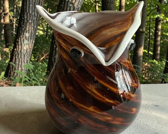 Glass Art Owl - Caddy - Gold Brown Swirl - Planter - Utensil Holder