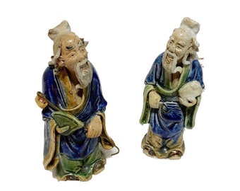 Antique Chinese Pair of Mud Man Sancai Drip Glaze CHINA Backward “N” Backward “A”