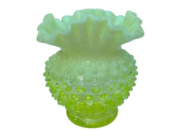 Fenton Topaz Opalescent Hobnail Double Crimp Ruffle Vaseline Uranium Glass Vase