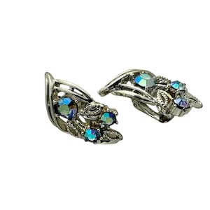 Vintage Coro Rhinestone Earrings  Clip On Marked Blue Aurora Borealis