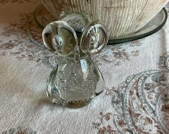 Owl Figurine Crystal Glass Paperweight | Bullicante Controlled Bubbles | Murano Style Hand Blown Glass Art