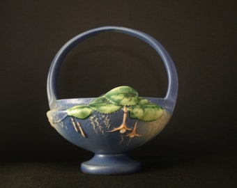 Vintage Roseville Pottery Blue Fuschia Basket with Frog - 350-8
