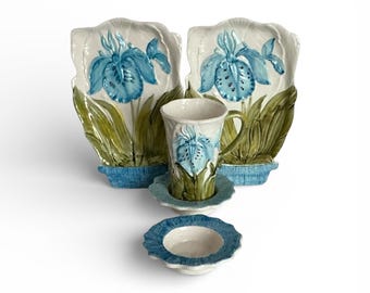 Lenwile Ardalt Majolica Floral Flowerpot Blue Iris Mug and Plate