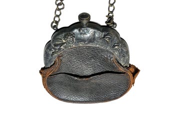 Antique Chatelaine Purse | Leather with Silver Repousse |
