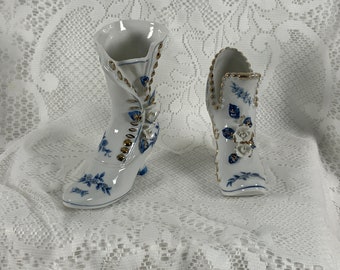 Porcelain Blue and White Victorian Shoes - Brinn’s - Roses - Gold Buttons - Gold Trim