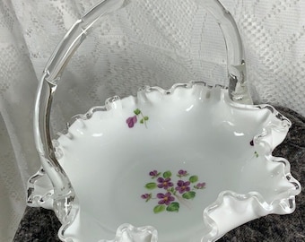 Vintage Fenton Violets In The Snow Glass Basket  ~ Milk Glass ~ Silver Crest