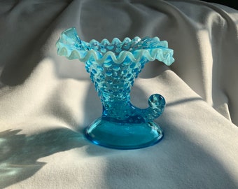 Fenton Hobnail Opalescent Cornucopia Candleholder- Blue Crimped Ruffles - EUC - Unmarked