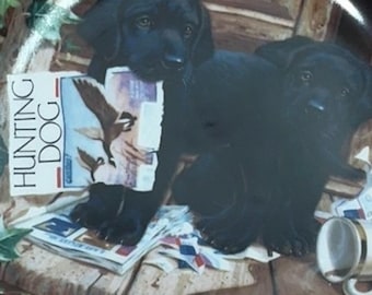 Black Labrador Playtime Puppies | Cabin Fever | Jim Lamb | Collectible Porcelain Plate