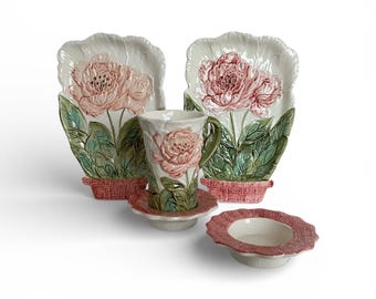 Lenwile Ardalt Flowerpot Pink Peony Majolica Cup and Saucer