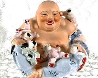 Vintage Pretty Porcelain Laughing Buddha with Babies - Fertility Happiness Wealth Prosperity