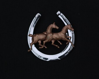 Vintage Horseshoe Horse Good Luck Pin - Silver with a Team of Two Copper Horses