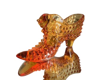 Fenton Glass Slipper Cat Head Amberina Hobnail