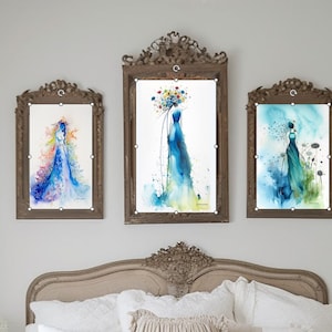 Set of 3, Lady flower Watercolor Nature Art, Print Nursery flower Print, flower woman Notecard, Watercolor woman, Wildflower Garden Print