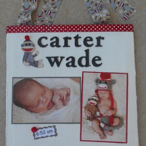 Sock Monkey Nursery, Sock Monkey Baby Announcement, Gift for New Mom, Baby Canvas Announement, Nursery Canvas Art, Nursery Wall Art