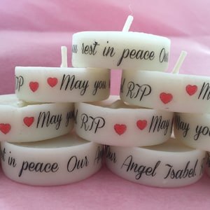 Funeral Personalised Remembrance & Memorial candle favours. light in memory